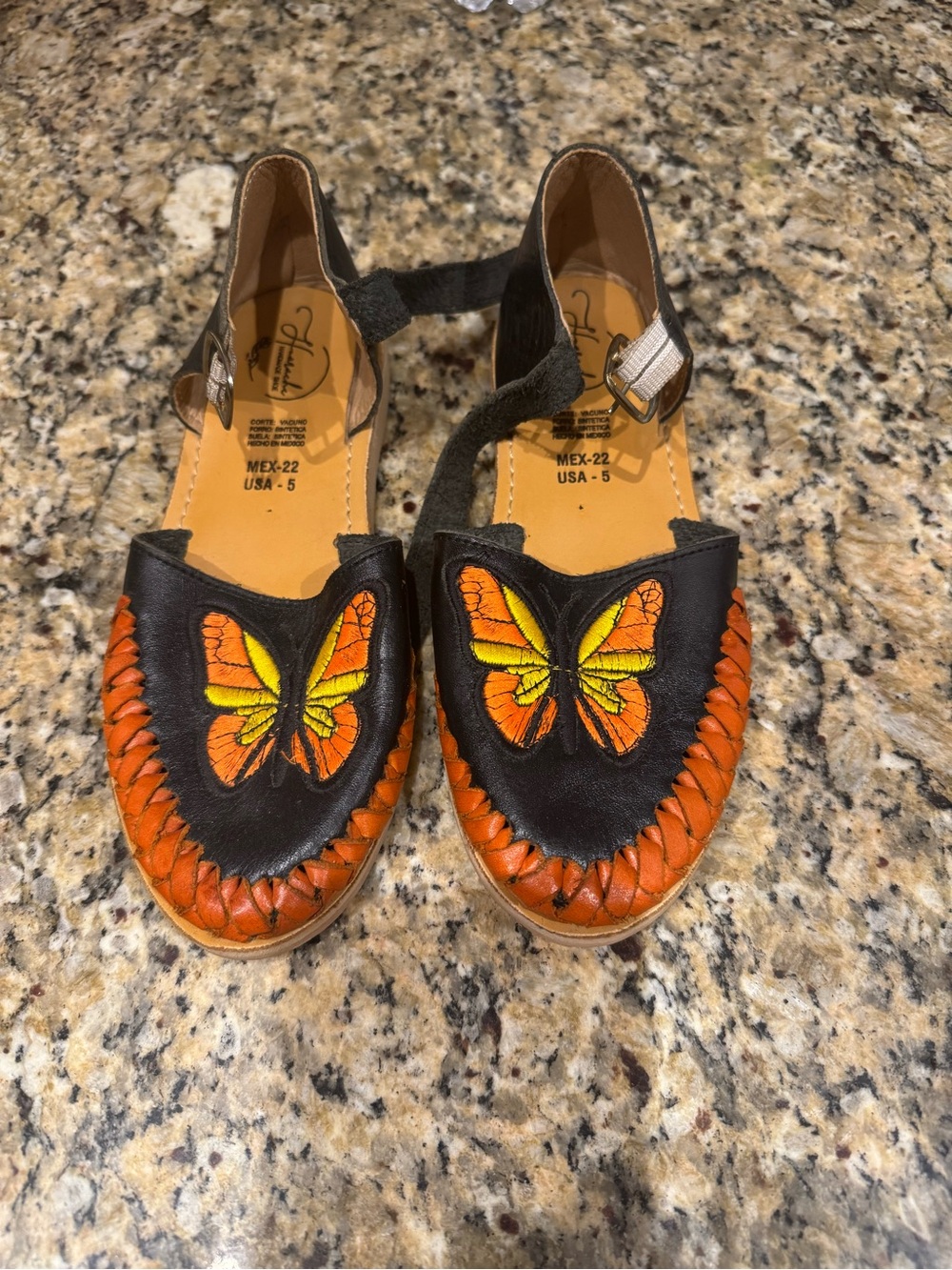Handcrafted Black and Orange Butterfly Leather Flats
